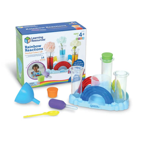 Rainbow Reactions 14 Piece Preschool Science Lab Kit For Kids Age Four And Up With Color Mixing Experiments And Hands On Colorful STEM Activities For Boys And Girls, kit displayed with lab tools.
