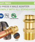 Brass 1/2 in ProPress x 1/2 in MNPT male adapter with EPDM O-ring; copper pipe segment and press tool visible; NSF/UPC logos.