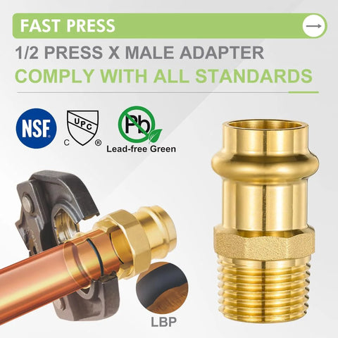 Brass 1/2 in ProPress x 1/2 in MNPT male adapter with EPDM O-ring; copper pipe segment and press tool visible; NSF/UPC logos.