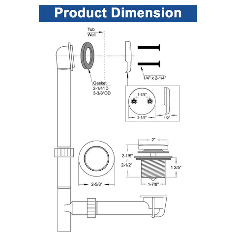 Product dimensions for Tip-Toe Tub Drain Kit in Matte Black With Solid Brass Build, No-Fuss Basket Strainer, Fits 1-1/2 Inch Waste Elbows.