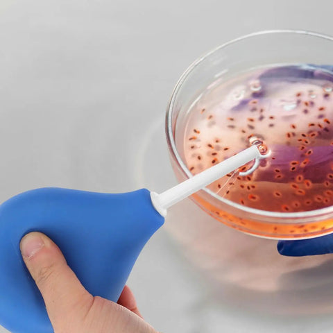 220ML Rubber Squeeze Bulb For Liquid Handling, Heavy-Duty Manual Pipette Sucker, Blue bulb in action with fluid in petri dish
