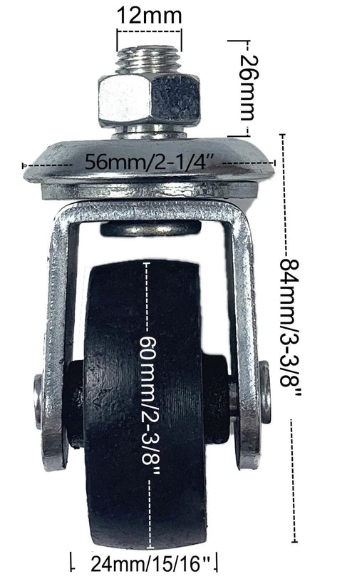 Caster Wheel Set For 3 Ton Floor Jacks With 12mm Stem, Pack Of 2, Steel Construction, dimensions labeled in millimeters