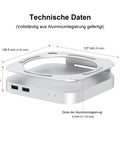 Heavy Hitter Mac Mini M4 Stand Hub delivering 40Gbps Thunderbolt expandability, aluminum design with USB ports and dimensions.