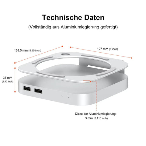 Heavy Hitter Mac Mini M4 Stand Hub delivering 40Gbps Thunderbolt expandability, aluminum design with USB ports and dimensions.