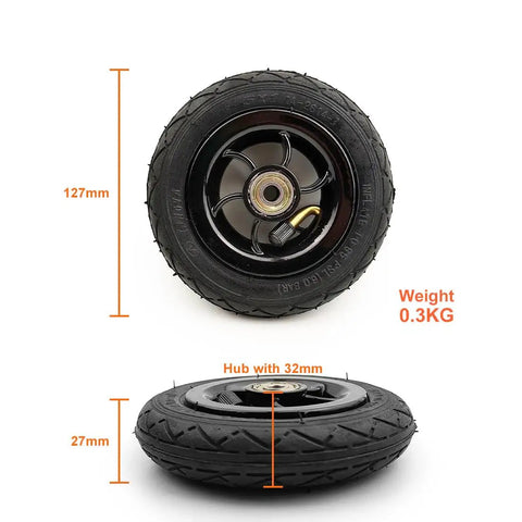 Five Inch Pneumatic Tire With Inner Tube And Heavy Duty Steel Hub Featuring 5X1 Bolt Pattern For Go Kart And Caster Wheels, 127mm diameter.