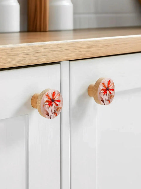 Kickass Red Floral Wooden Cabinet Knobs Solid Beech Drawer Handles One Point Four Inch Round Kitchen Cupboard Pulls on white cabinets