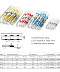 Top Notch Heat Shrink Butt Wire Connectors Terminal Kit With Waterproof Solder Seal Sleeves For Super Reliable Electrical Wiring Repairs And Professional Welding Tool Accessories That Get The Job Done Right. Assorted heat shrink solder sleeves in white, red, blue, and yellow with size chart