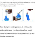 Quick Dry Colorless Copper Soldering Flux Liquid shown applied to metal for a firm weld with instructions, 30ml or 80ml bottle