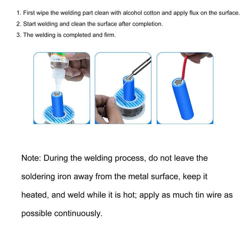 Quick Dry Colorless Copper Soldering Flux Liquid shown applied to metal for a firm weld with instructions, 30ml or 80ml bottle
