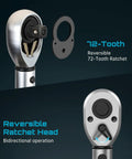 Pro Grade Torque Wrench Set With Quarter Inch Drive Three Eighths Inch Drive And Half Inch Drive Click Type Precision Kit With Adapters And Seventy Two Tooth Ratchet Dual Scale Three Percent Accuracy For Car Motorcycle And Bike Repairs showing reversible 72-tooth ratchet head.