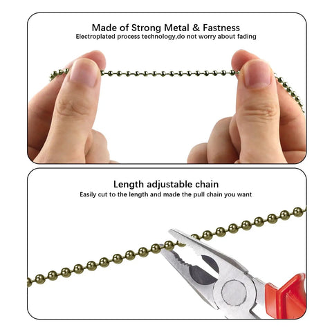 Hands adjusting Bronze Ceiling Fan Pull Chain Set 12 Inch Beaded Ball Pendant Extender showing strength and adjustability.