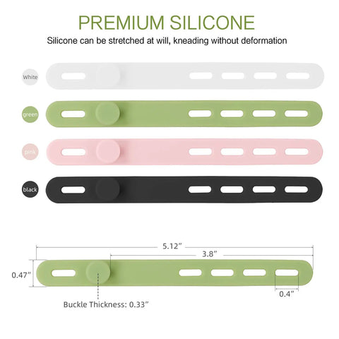 24 Piece Silicone Cable Ties Pack With Locking Buckles Reusable And Washable Adjustable Straps For Cable Management No Fuss Multi Purpose High Elasticity Cord Organizer In Four Colors shown in white, green, pink, and black, with adjustable length and locking buckles.