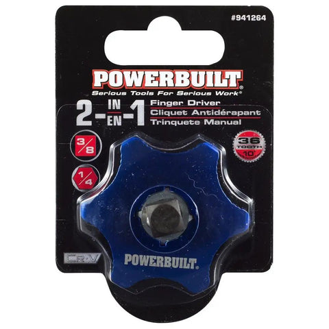 Powerbuilt 2in1 Finger Driver packaging displaying Three Eighths Inch Drive Palm Ratchet Finger Ratchet with dual compatibility