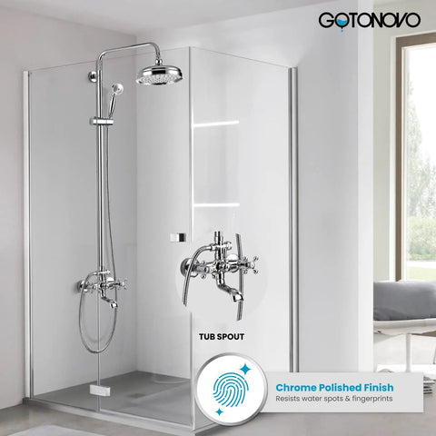 No Fuss All In One Rain Shower Fixture For Bathroom With 8 Inch Round Shower Head, Double Cross Handles, Tub Spout, Wall Mount