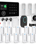 Heavy Duty All In One Wireless Home Security Alarm System 23 Piece Kit With Wifi Gsm Tracking and built camera components displayed.
