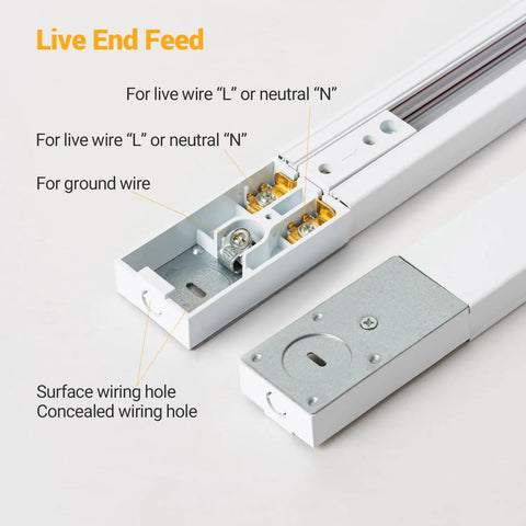 13Ft H Type Track Lighting Kit in White with Floating Canopy Connector, showing live end feed wiring for single circuit H style track system.