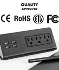 Slick Desk Clamp Power Strip With Four USB-A Ports And Three AC Outlets, Hanging Nightstand Charging Station For Home And Office, Easy No Sweat Setup, Black with certification logos