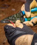 8 Inch Long Nose Wire Cutter Multi Tool With Wire Stripper And Crimper For Electricians in gloved hands, close-up view