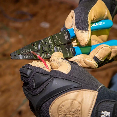 8 Inch Long Nose Wire Cutter Multi Tool With Wire Stripper And Crimper For Electricians in gloved hands, close-up view