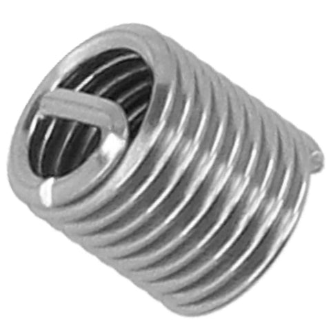 Close-up view of stainless steel M6 x 1 thread repair insert, part of a 100 Pack M6 X 1 Thread Repair Inserts Stainless Steel Metric Thread Sleeves For Damaged Holes Available In 9mm 12mm And 18mm Lengths Easy Install Durable Fix For Stripped Or Worn Threads Budget Friendly Kit.
