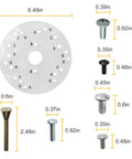Rock Solid Clear Acrylic Router Base Plate With Template Guide showing dimensions and hardware components for precise woodworking.