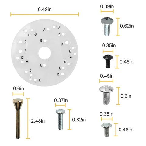 Rock Solid Clear Acrylic Router Base Plate With Template Guide showing dimensions and hardware components for precise woodworking.