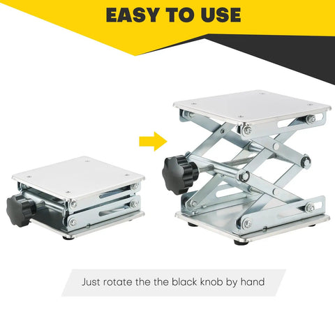 Rock Solid 6X6 Laboratory Lift Table With Easily Cranked Scissor Stand Platform Built Tough Stainless Steel Base at different heights