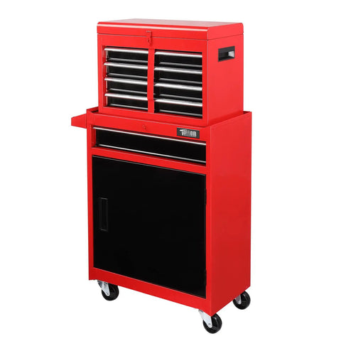 Five Drawer Rolling Tool Chest With Lockable Wheels Detachable Top And Adjustable Shelf Plus Bottom Cabinet For Heavy Duty Garage Workshop Shop And Warehouse Tool Organizer red steel chest with five drawers and bottom cabinet