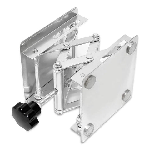 Angled front view of stainless steel lab jack stand with scissor lift and 4x4 inch platform