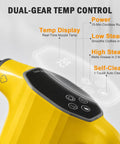 Heavy Duty Handheld Steam Cleaner With Smart Led Display and No Sweat Continuous Trigger Lock For Whole House Deep Cleaning Includes 16 Piece Accessory Kit For Kitchens Floors And Upholstery Quick Heat Ergo Handle close-up of temperature display and control buttons.