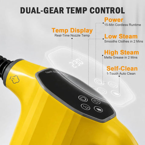 Heavy Duty Handheld Steam Cleaner With Smart Led Display and No Sweat Continuous Trigger Lock For Whole House Deep Cleaning Includes 16 Piece Accessory Kit For Kitchens Floors And Upholstery Quick Heat Ergo Handle close-up of temperature display and control buttons.
