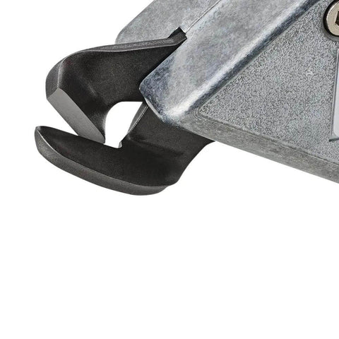 Close-up of Turbo Sheet Metal Shear Attachment for Drills showing durable lightweight aluminum head and cutting blade