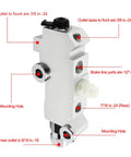 Universal Disc Drum Brake Proportioning Valve With Smooth Stopping Power For Heavy Duty Rides showing sizing and port details.