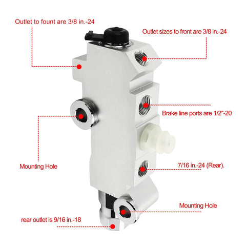 Universal Disc Drum Brake Proportioning Valve With Smooth Stopping Power For Heavy Duty Rides showing sizing and port details.