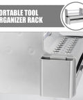 Beefy Portable Tool Organizer With Roomy Sliding Drawer For Screwdrivers And Tweezers - Slick Desktop Storage Rack close-up of silver organizer with sliding drawer