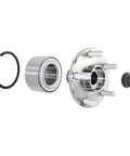 Front Wheel Hub Repair Kit With Bearing, Studs, Snap Ring And Axle Nut All In One Replacement, shown with components
