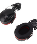 Heavy Duty Hard Hat Earmuffs With Plush Padded Cushions To Crush Loud Racket On The Job Site Adjustable Clips Fit Any Standard Construction Helmet Made From Tough ABS Plastic For All Day Grind showing black and red design with cushioned ear cups.