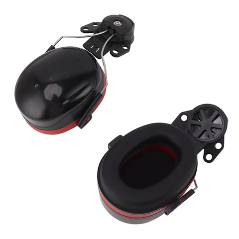 Heavy Duty Hard Hat Earmuffs With Plush Padded Cushions To Crush Loud Racket On The Job Site Adjustable Clips Fit Any Standard Construction Helmet Made From Tough ABS Plastic For All Day Grind showing black and red design with cushioned ear cups.