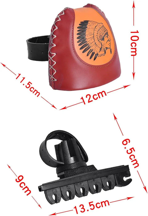 Leather arrow holder for Four to Six Arrow Quiver for Recurve Bow with Brown Leather, featuring dimensions and tribal design.