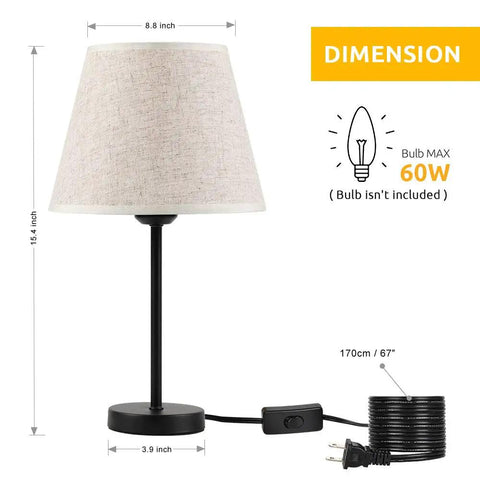 Cozy Two Pack Space Saving Bedside Table Lamps With Fabric Shade, 15 Inch, black finish with dimensions and UL-listed cord.