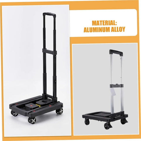 Rugged Portable Platform Cart With Folding Hand Truck For Travel And Everyday Hauling, Easy Push Cart Dolly, Durable Steel Build, Ergonomic Handle, Wide Use For Shopping Groceries Moving Boxes DIY Projects And Campus Runs, aluminum alloy frame shown folded and open