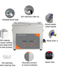Detailed view of Heavy Duty 3L Ultrasonic Cleaner With Heater showing 304 stainless steel lid, metal drain valve, digital controls.