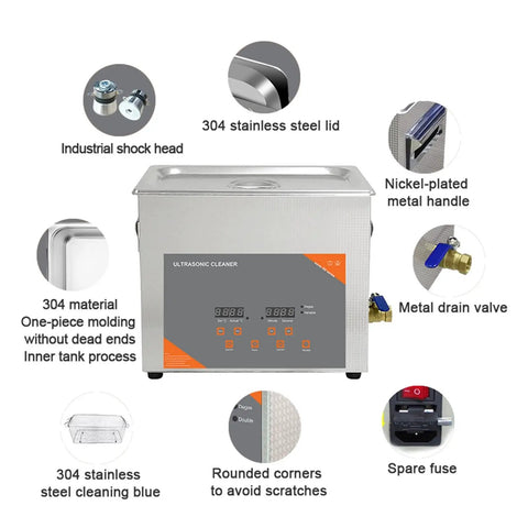 Detailed view of Heavy Duty 3L Ultrasonic Cleaner With Heater showing 304 stainless steel lid, metal drain valve, digital controls.