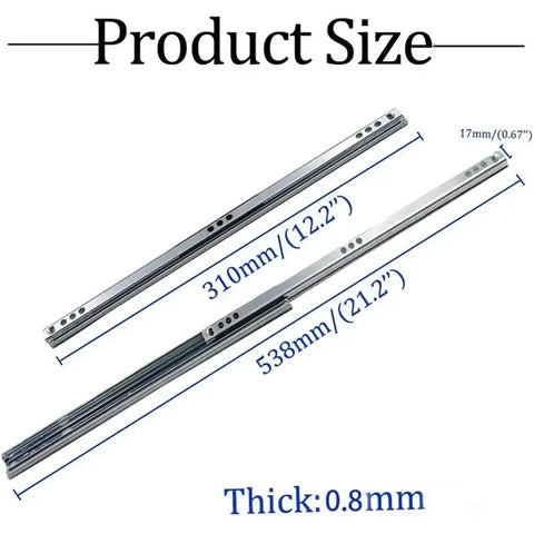17mm Wide Mini Drawer Slides Two Way Pull Out Rails with Smooth Glide, 214mm Length, shown in 310mm and 538mm sizes, metal