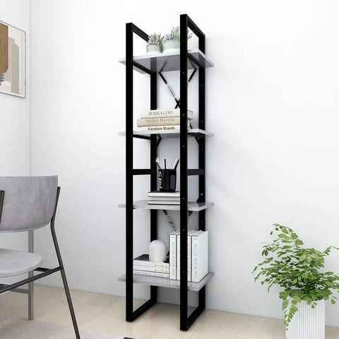 Industrial 4 Tier Book Cabinet 55.1 Inch Tall Open Shelves Display Rack In Concrete Gray And Black Engineered Wood For Living Room