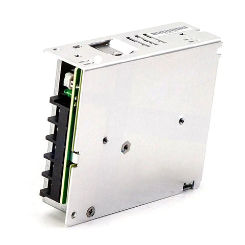 Zero Drama 5V 10A 50W Switching Power Supply with metal housing, side view showing din rail mount for industrial use.