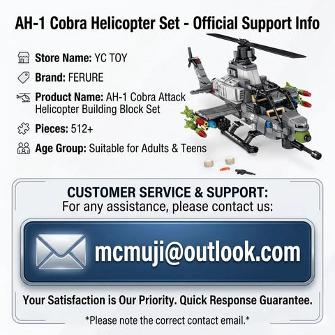 Image of AH-1 Cobra Attack Helicopter Building Block Set, 512+ pieces, customer support info displayed.