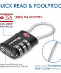 TSA Approved Luggage Locks 2 Pack With 3 Digit Resettable Combos, black zinc alloy lock showing cable close-up detail and lock design.