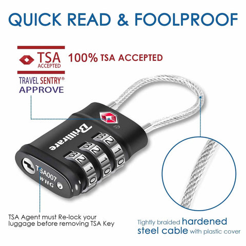 TSA Approved Luggage Locks 2 Pack With 3 Digit Resettable Combos, black zinc alloy lock showing cable close-up detail and lock design.