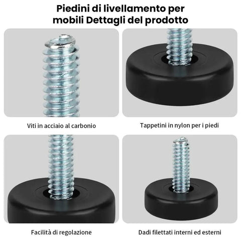 Rock Solid 12 Pack Adjustable Furniture Leveling Feet With 5/16-18 Inch Threads Heavy Duty screw in table legs close-up of nylon pads and steel screws.